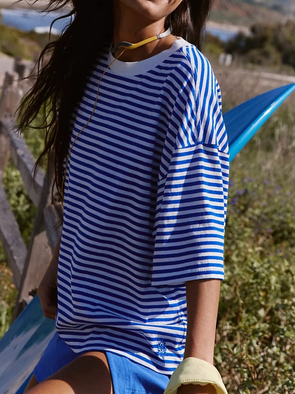 FP Movement by Free People Blue & White Striped Short Sleeve Tee